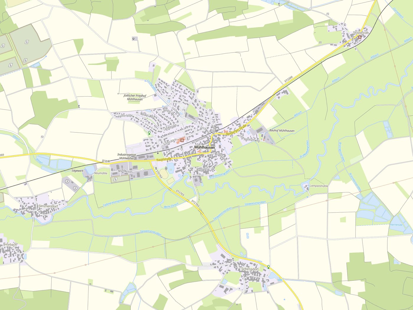 Kartenausschnitt Mühlhausen mit Gewässern