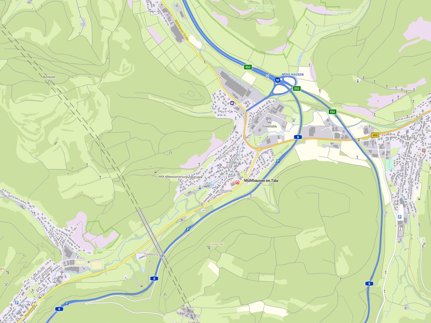 Kartenausschnitt Mühlhausen im Täle mit Gewässern
