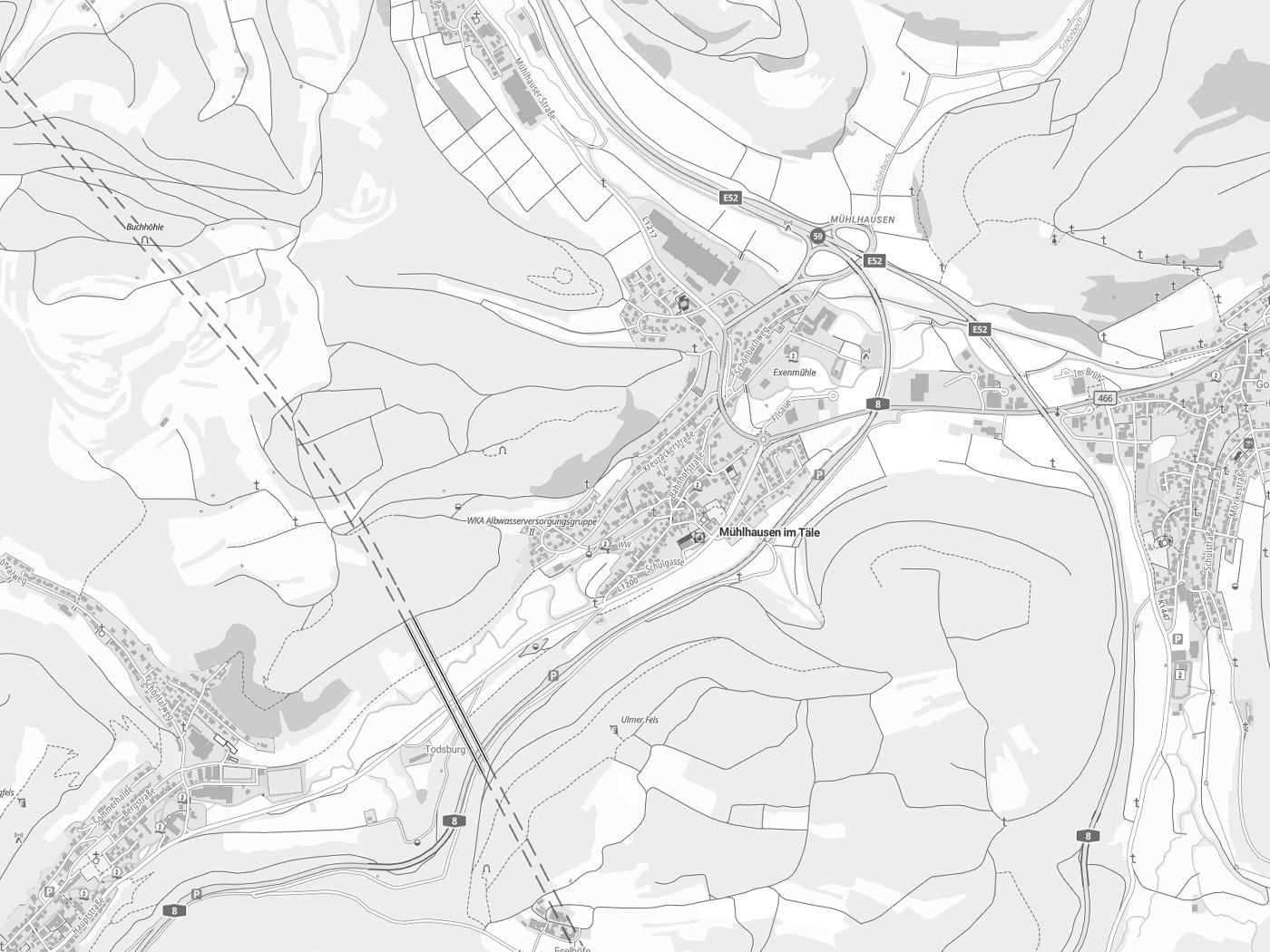 Kartenausschnitt Mühlhausen im Täle mit Gewässern