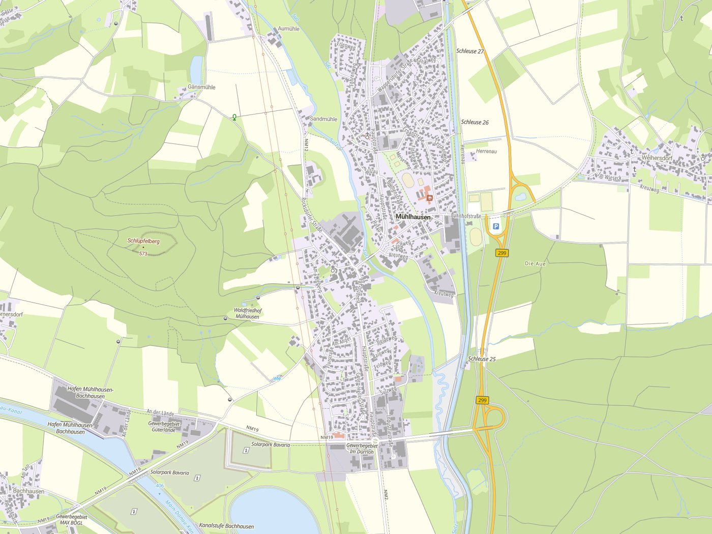 Kartenausschnitt Mühlhausen mit Gewässern