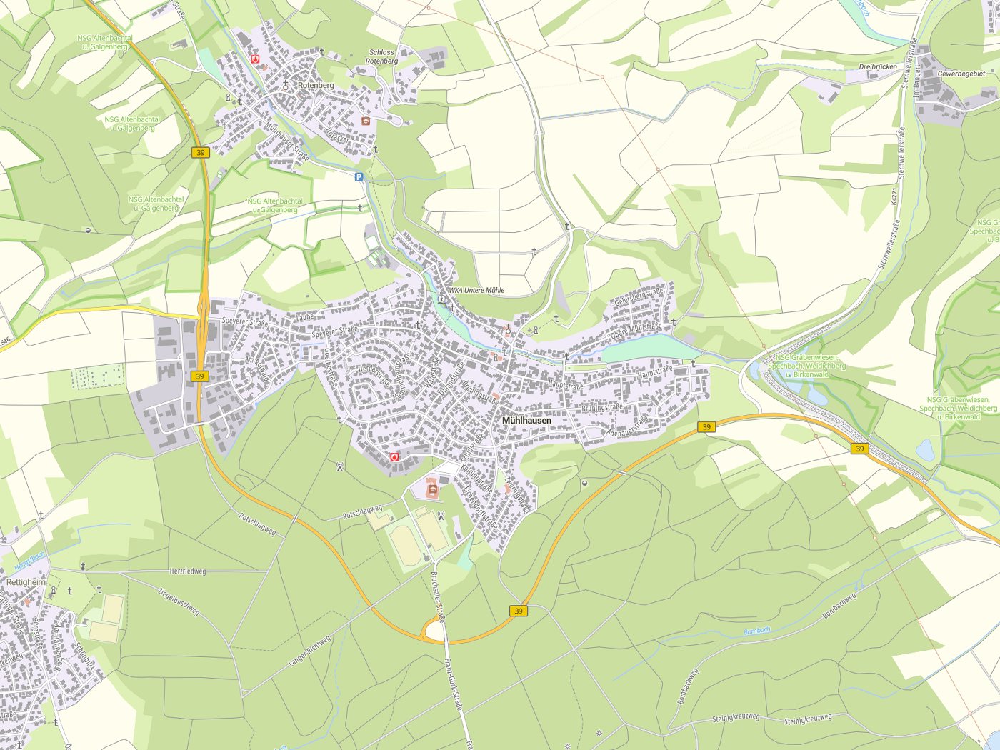 Kartenausschnitt Mühlhausen mit Gewässern