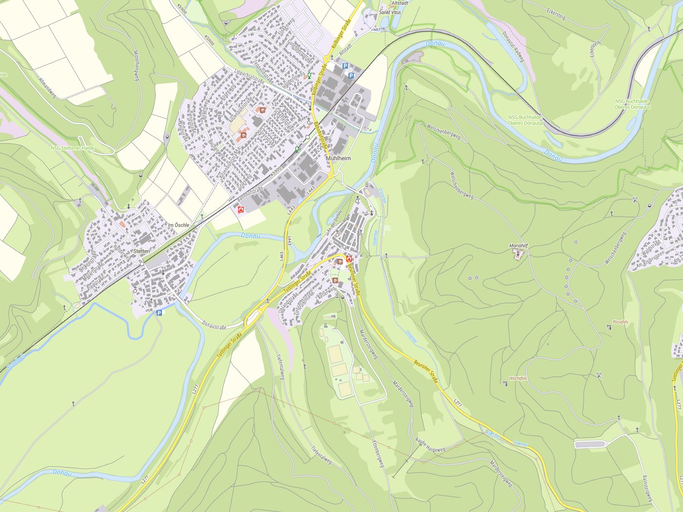 Kartenausschnitt Mühlheim an der Donau mit Gewässern