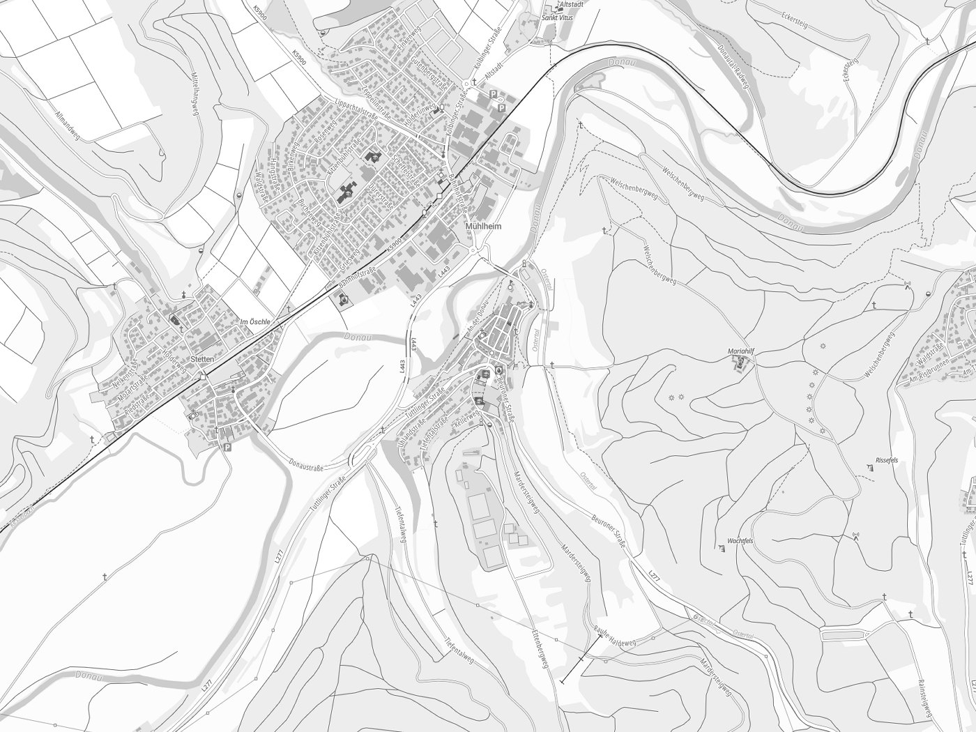 Kartenausschnitt Mühlheim an der Donau mit Gewässern