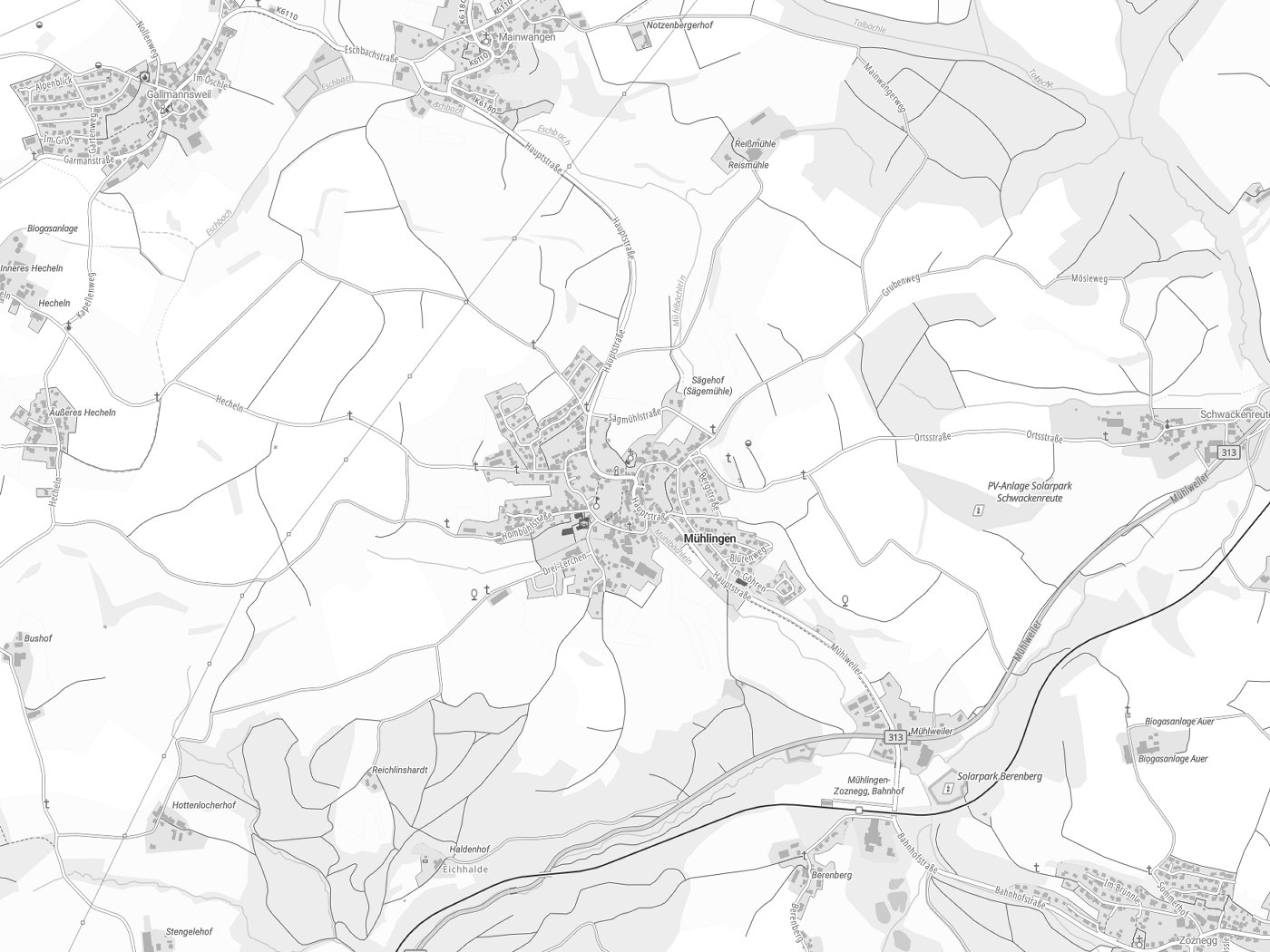Kartenausschnitt Mühlingen mit Gewässern
