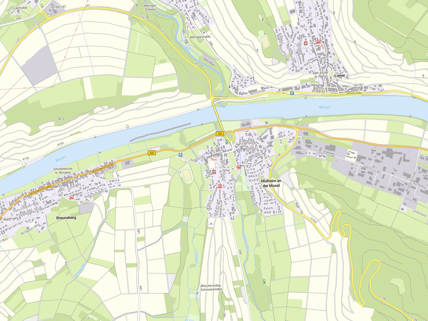 Kartenausschnitt Mülheim an der Mosel mit Gewässern