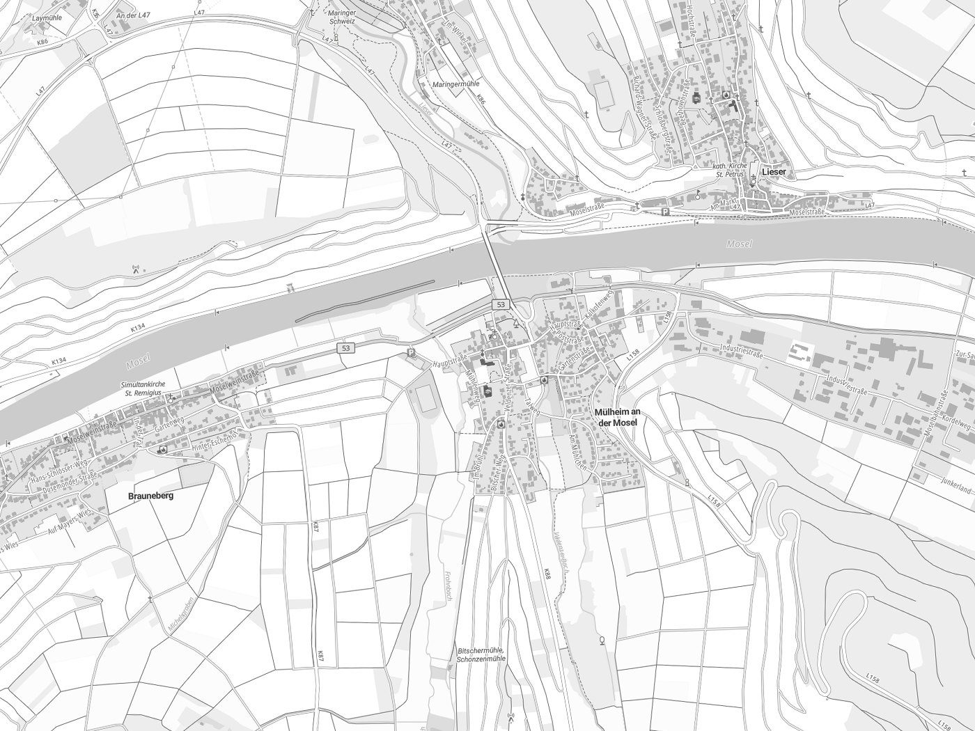 Kartenausschnitt Mülheim an der Mosel mit Gewässern