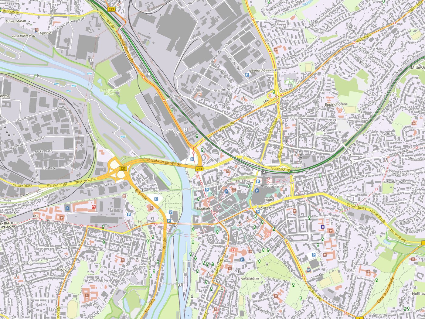 Kartenausschnitt Mülheim mit Gewässern