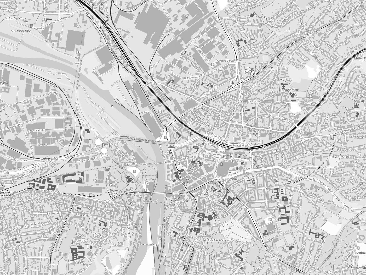 Kartenausschnitt Mülheim mit Gewässern