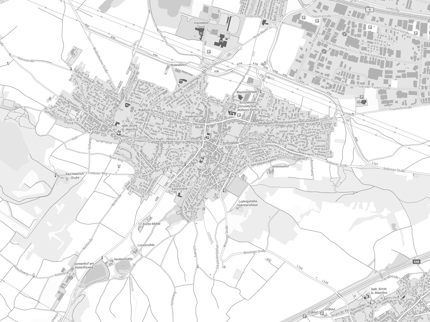 Kartenausschnitt Mülheim-Kärlich mit Gewässern