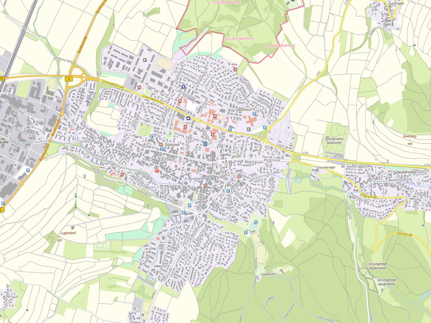 Kartenausschnitt Müllheim mit Gewässern
