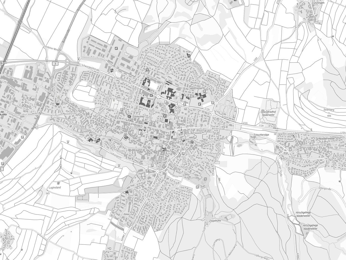 Kartenausschnitt Müllheim mit Gewässern
