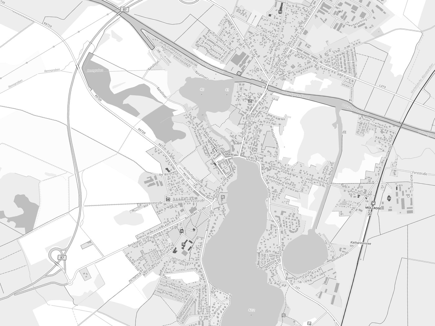 Kartenausschnitt Müllrose mit Gewässern