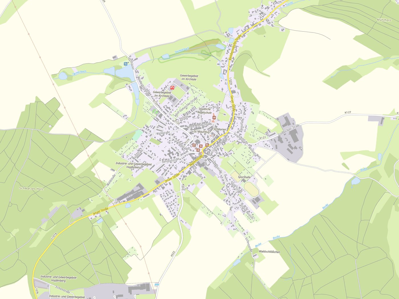 Kartenausschnitt Münchenbernsdorf mit Gewässern