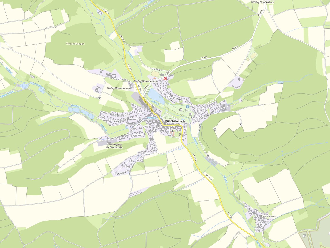 Kartenausschnitt Münchsteinach mit Gewässern