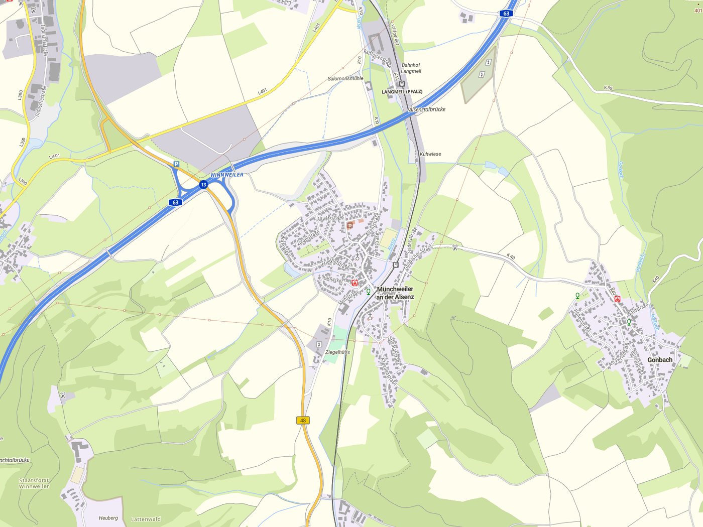 Kartenausschnitt Münchweiler an der Alsenz mit Gewässern