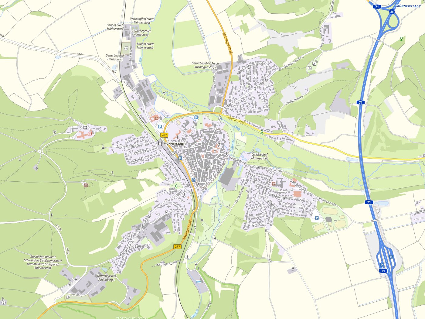 Kartenausschnitt Münnerstadt mit Gewässern