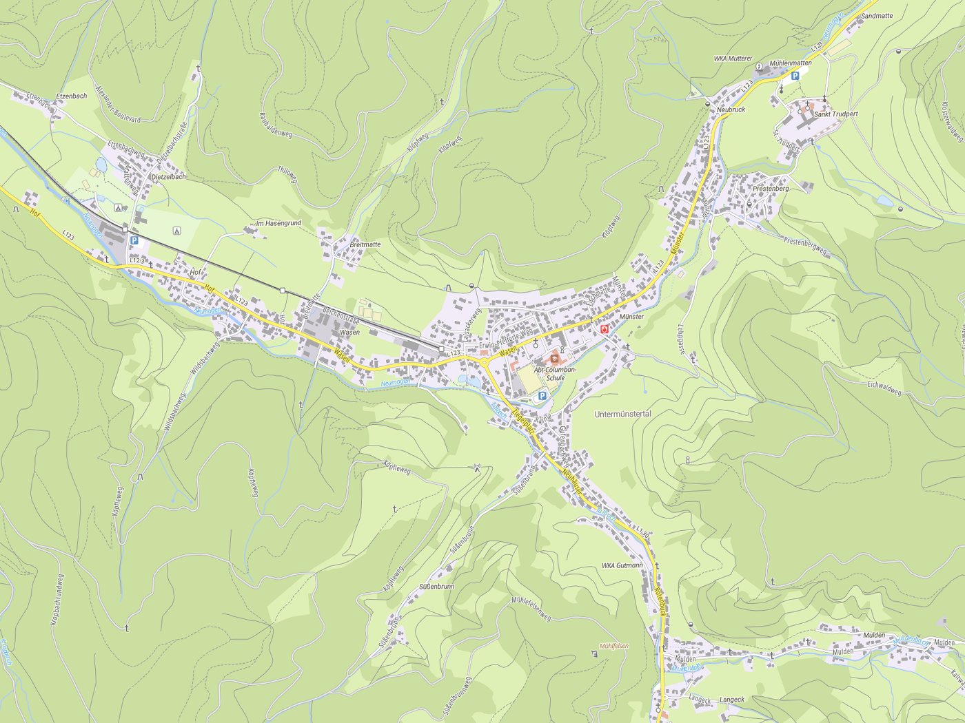 Kartenausschnitt Münstertal/Schwarzwald mit Gewässern