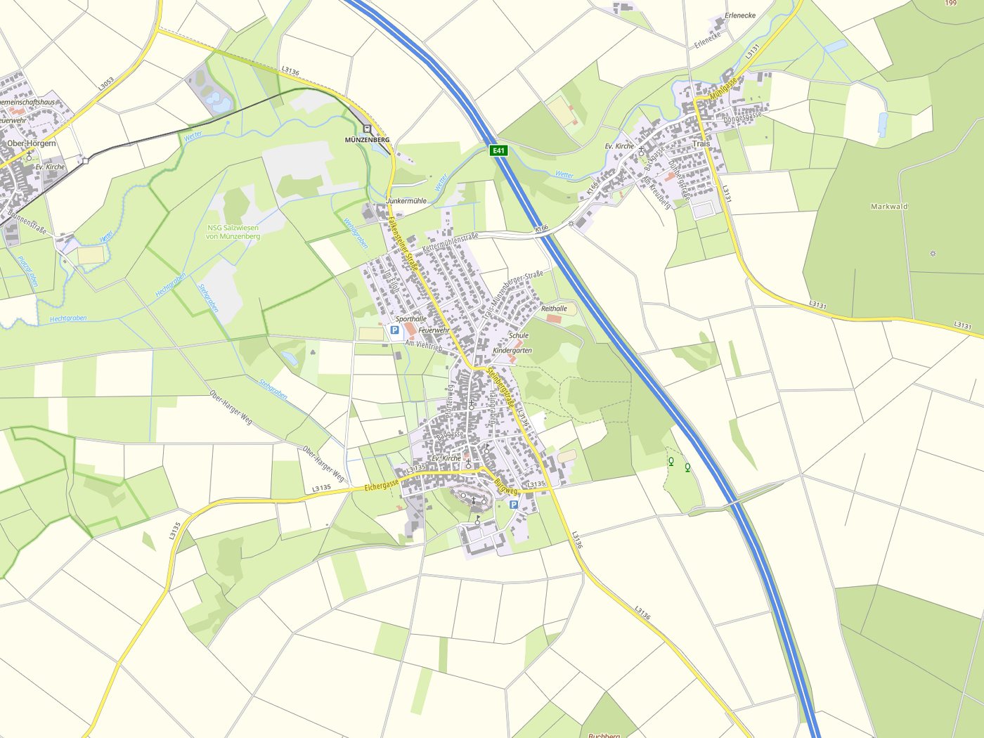 Kartenausschnitt Münzenberg mit Gewässern