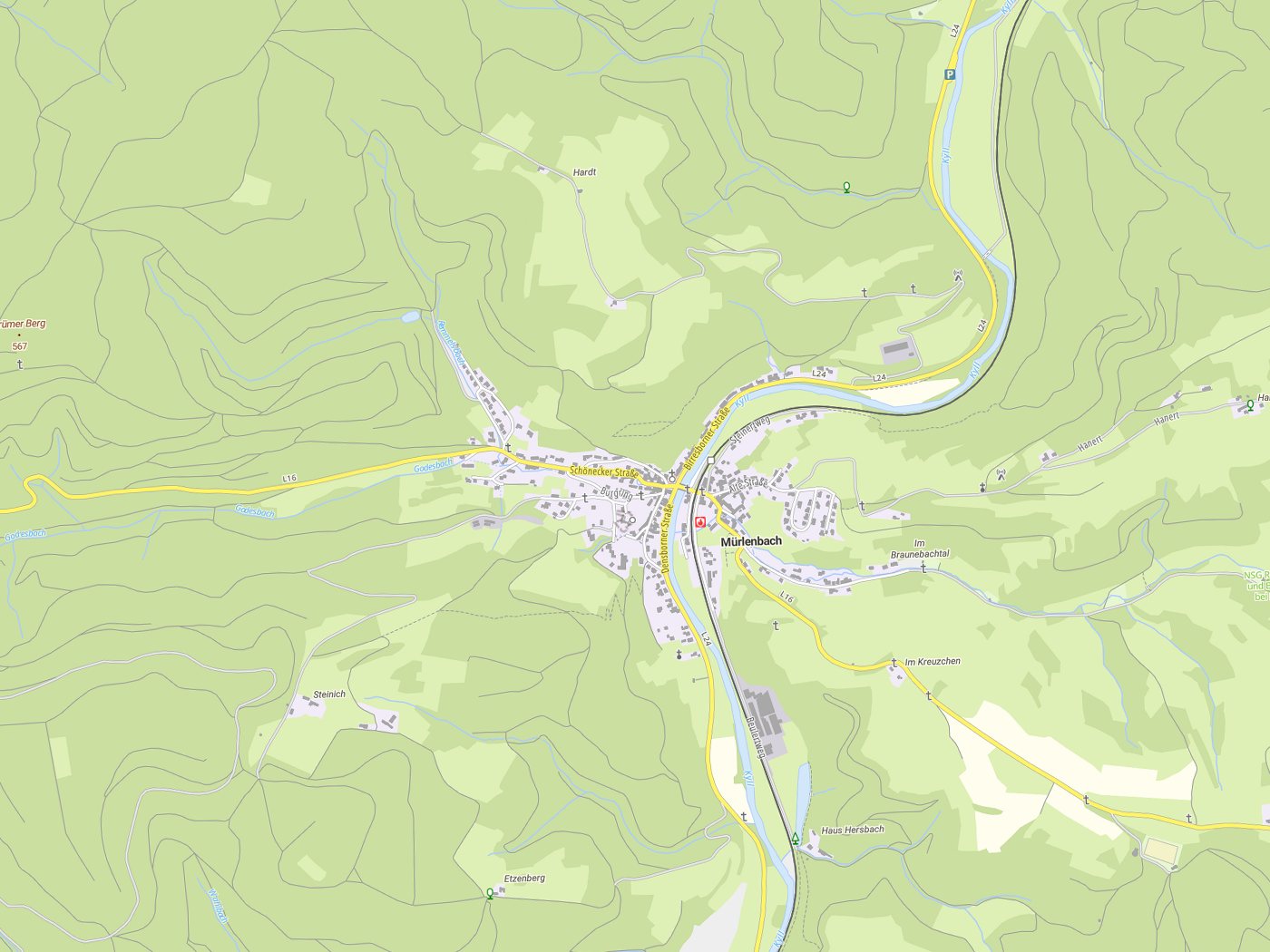 Kartenausschnitt Mürlenbach mit Gewässern