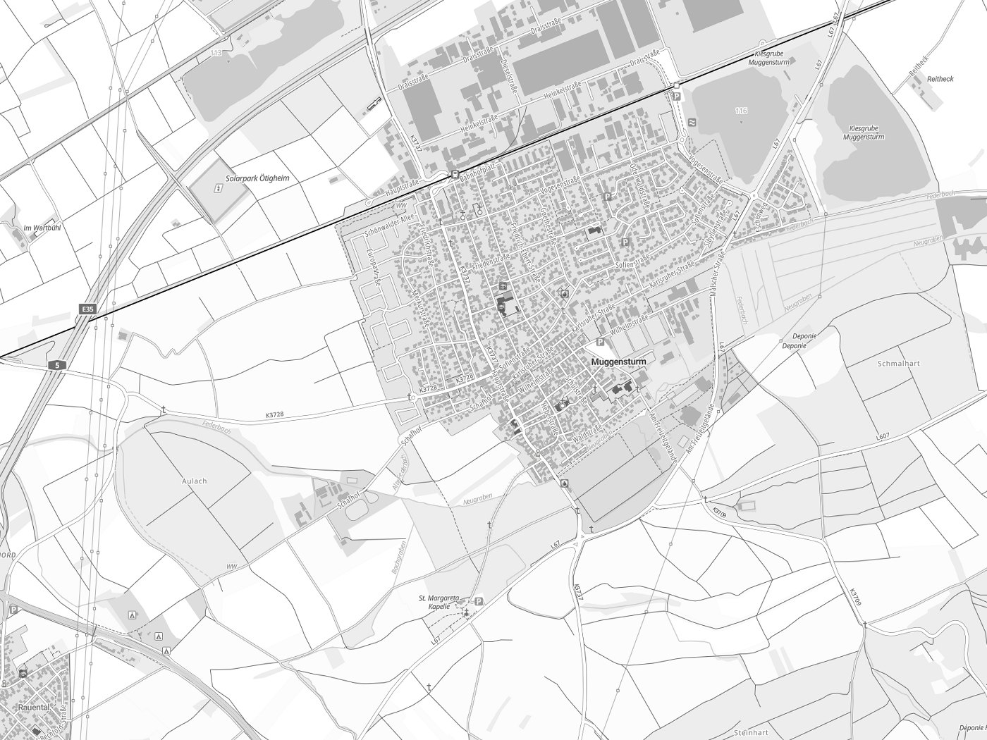 Kartenausschnitt Muggensturm mit Gewässern
