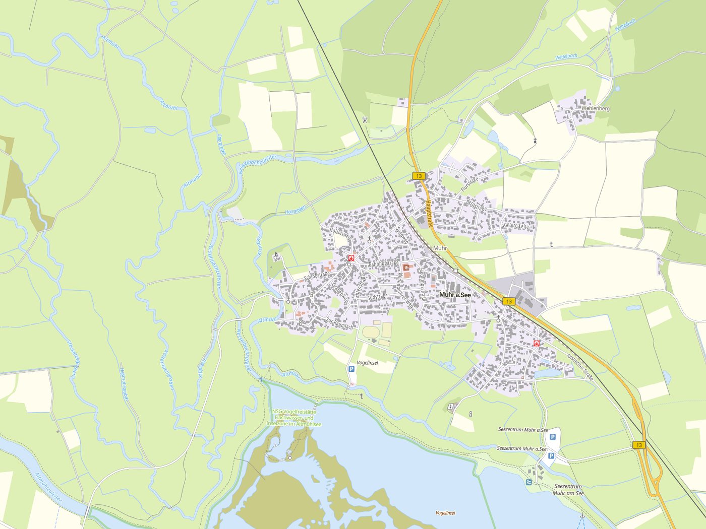 Kartenausschnitt Muhr a.See mit Gewässern