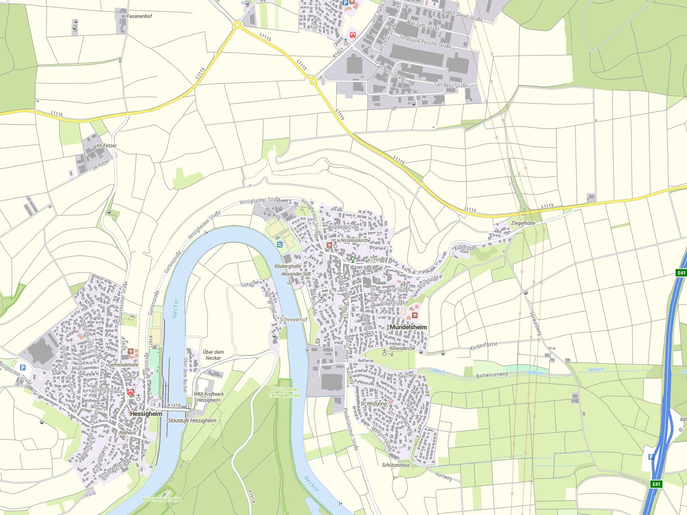 Kartenausschnitt Mundelsheim mit Gewässern