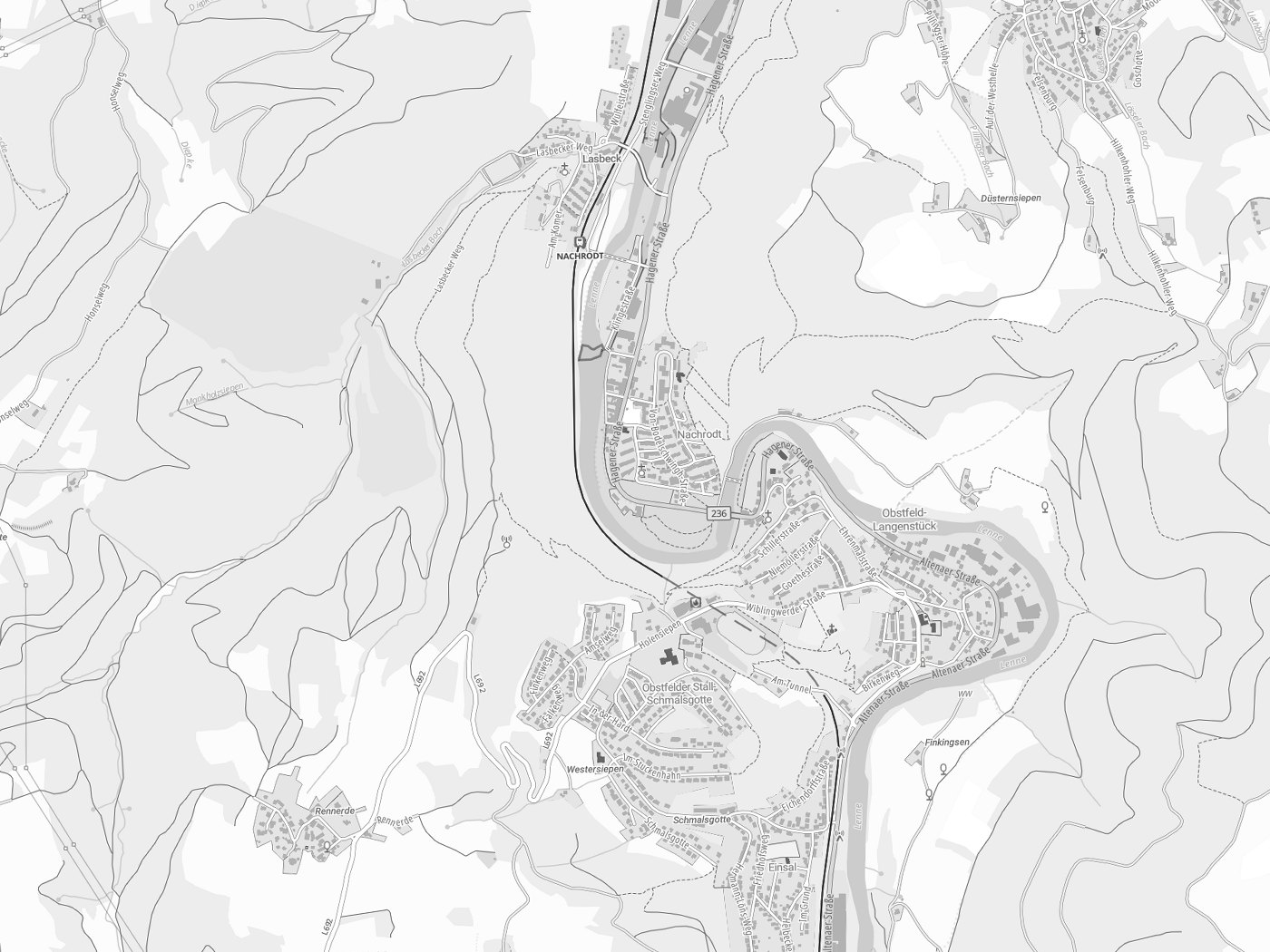 Kartenausschnitt Nachrodt-Wiblingwerde mit Gewässern