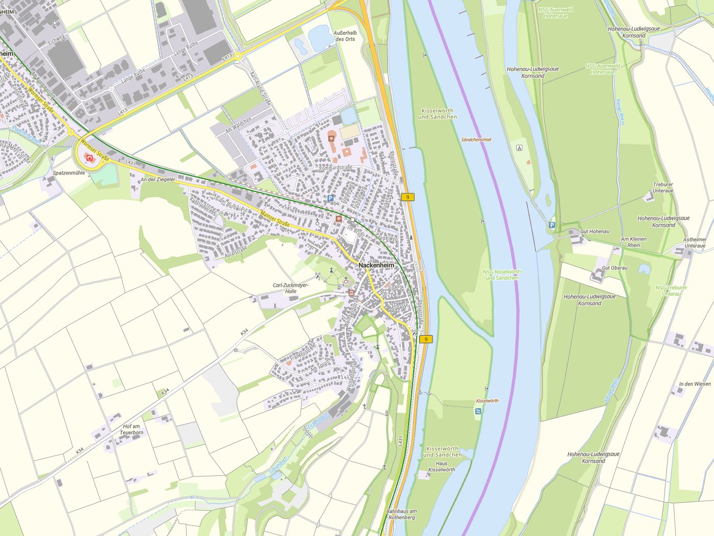 Kartenausschnitt Nackenheim mit Gewässern