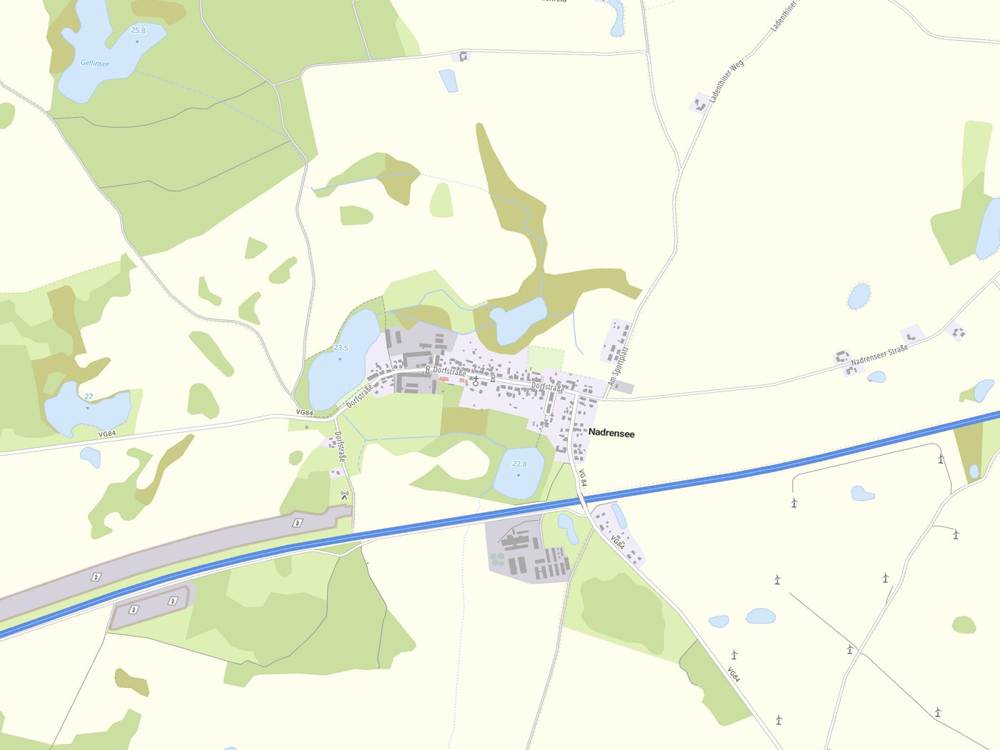 Kartenausschnitt Nadrensee mit Gewässern