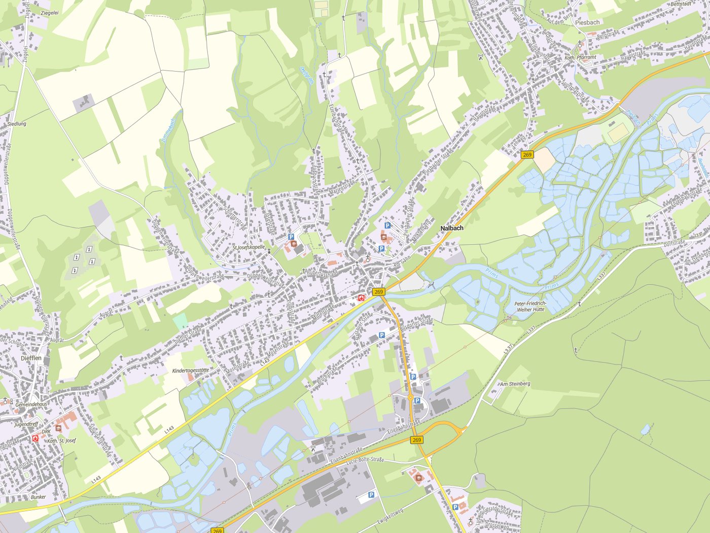 Kartenausschnitt Nalbach mit Gewässern