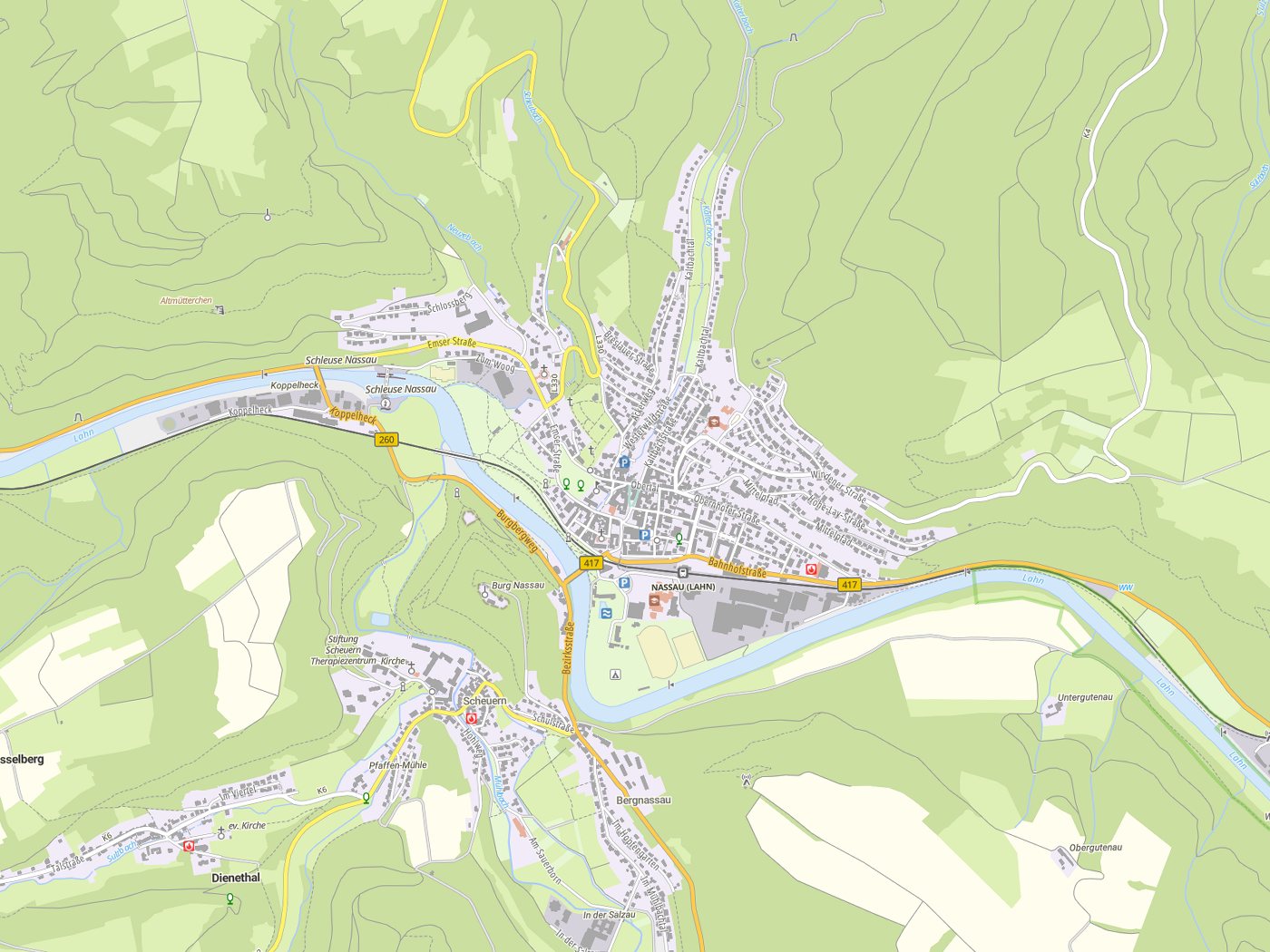 Kartenausschnitt Nassau mit Gewässern