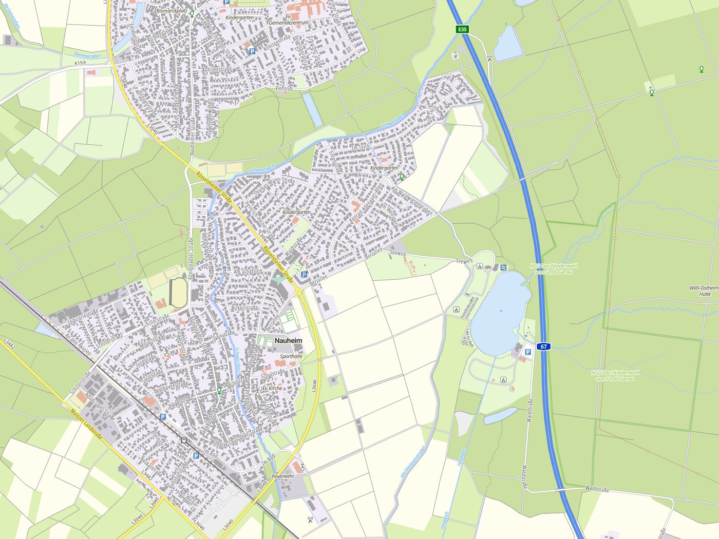 Kartenausschnitt Nauheim mit Gewässern