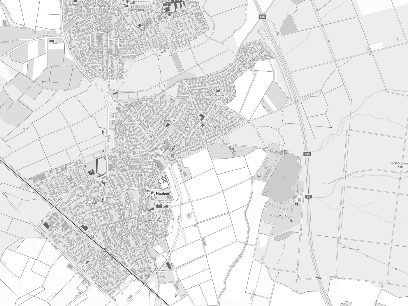 Kartenausschnitt Nauheim mit Gewässern