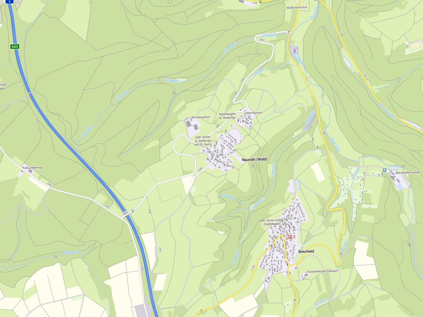 Kartenausschnitt Naurath (Wald) mit Gewässern