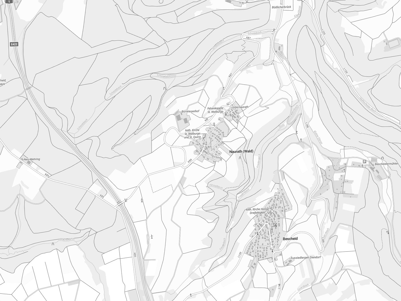 Kartenausschnitt Naurath (Wald) mit Gewässern