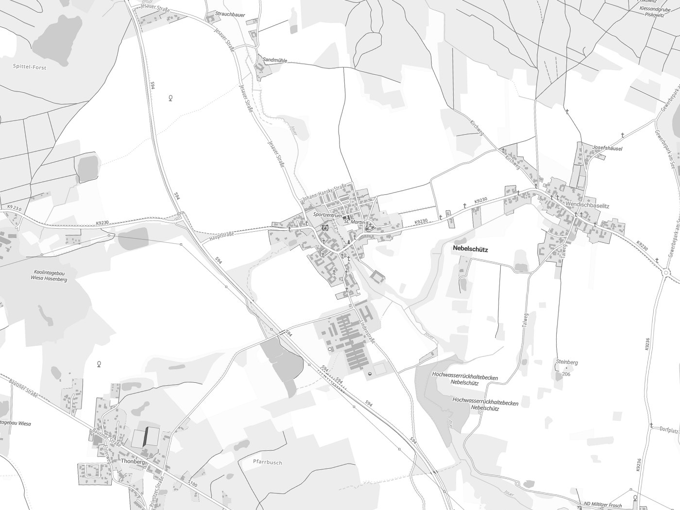 Kartenausschnitt Nebelschütz / Njebjelčicy mit Gewässern