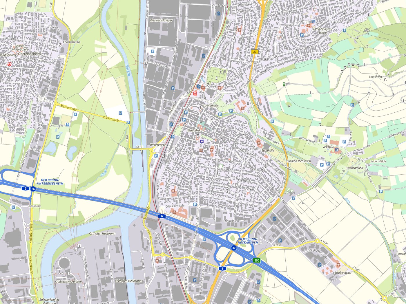 Kartenausschnitt Neckarsulm mit Gewässern