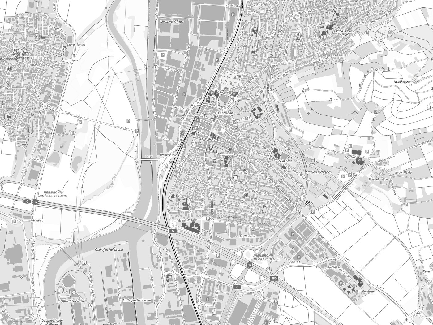 Kartenausschnitt Neckarsulm mit Gewässern