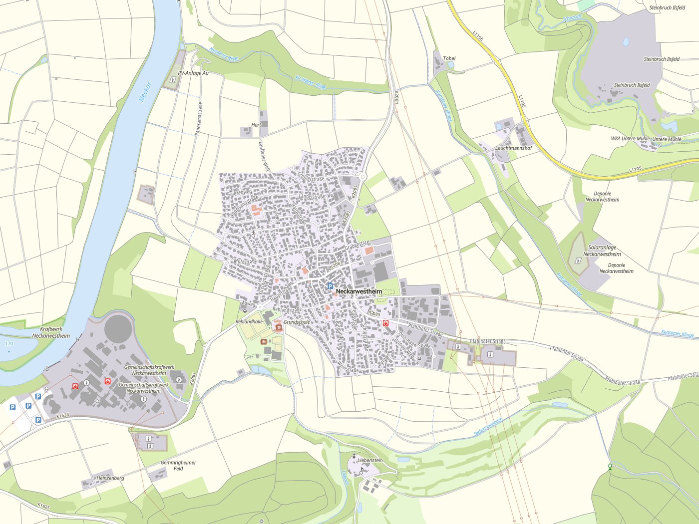 Kartenausschnitt Neckarwestheim mit Gewässern
