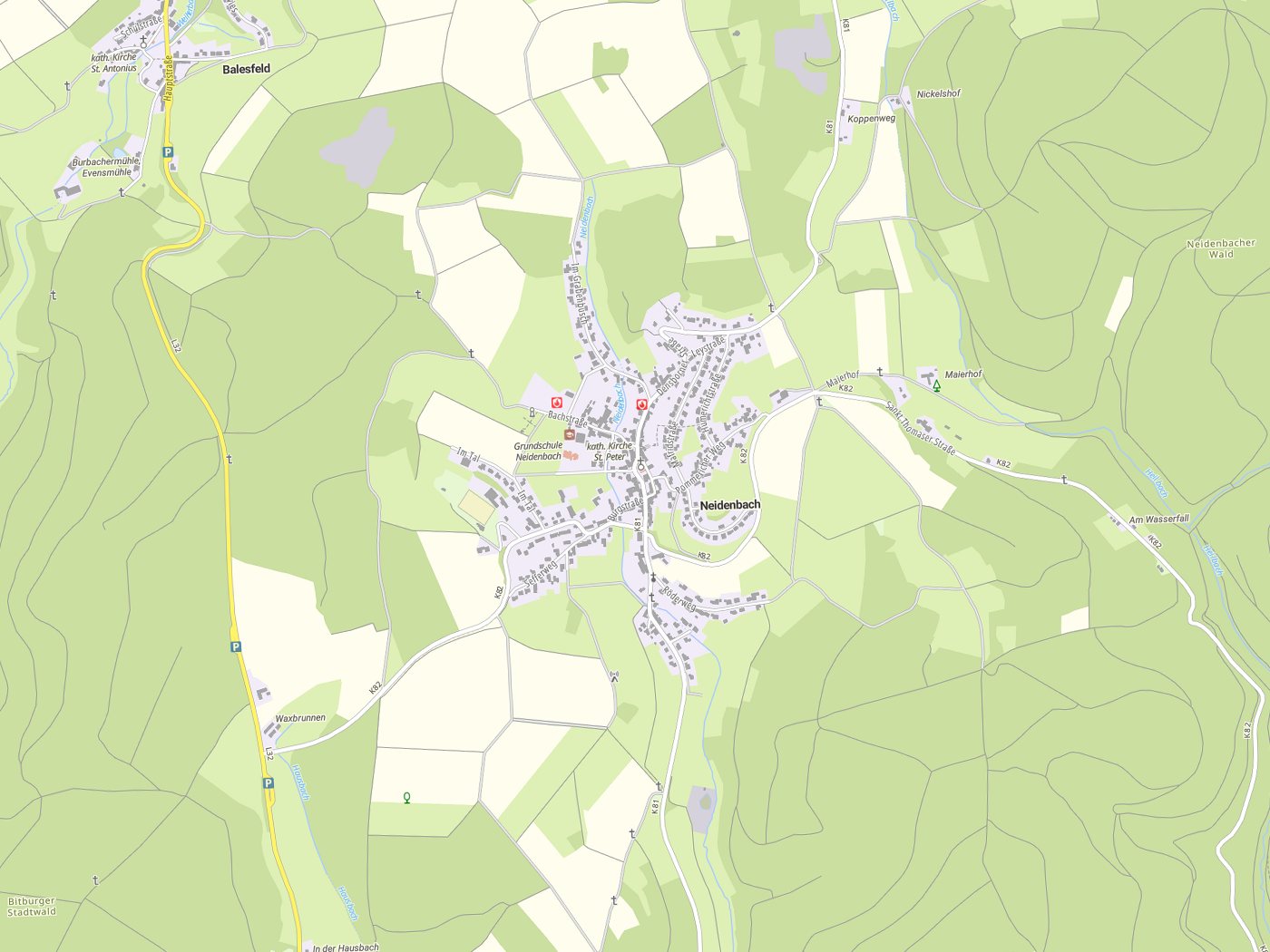 Kartenausschnitt Neidenbach mit Gewässern