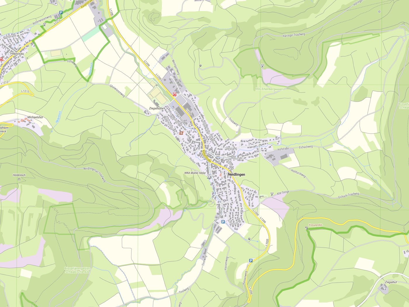 Kartenausschnitt Neidlingen mit Gewässern