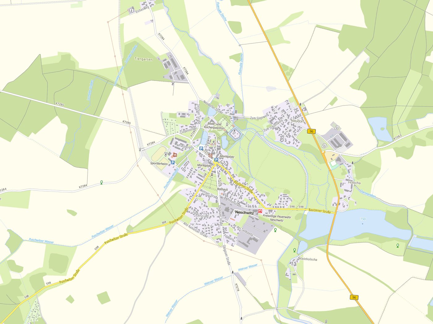 Kartenausschnitt Neschwitz / Njeswačidło mit Gewässern