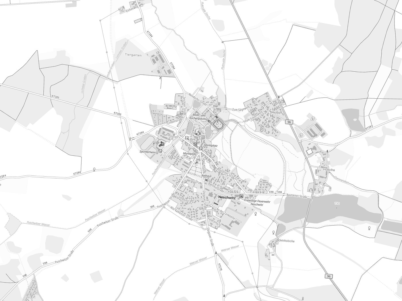 Kartenausschnitt Neschwitz / Njeswačidło mit Gewässern
