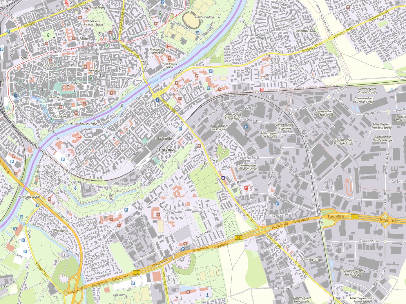 Kartenausschnitt Neu-Ulm mit Gewässern