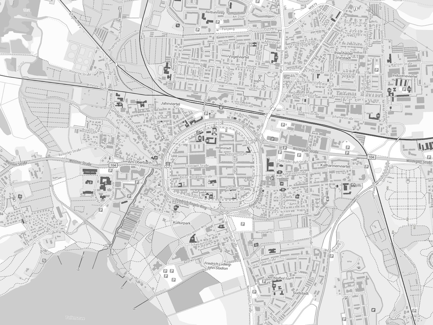 Kartenausschnitt Neubrandenburg mit Gewässern