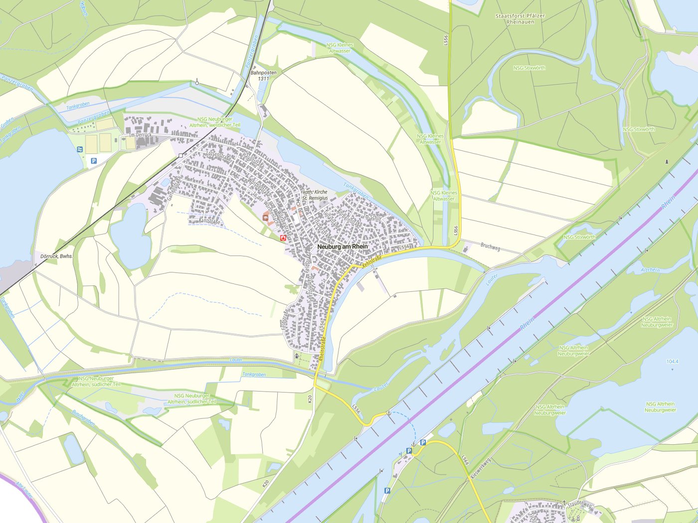 Kartenausschnitt Neuburg am Rhein mit Gewässern