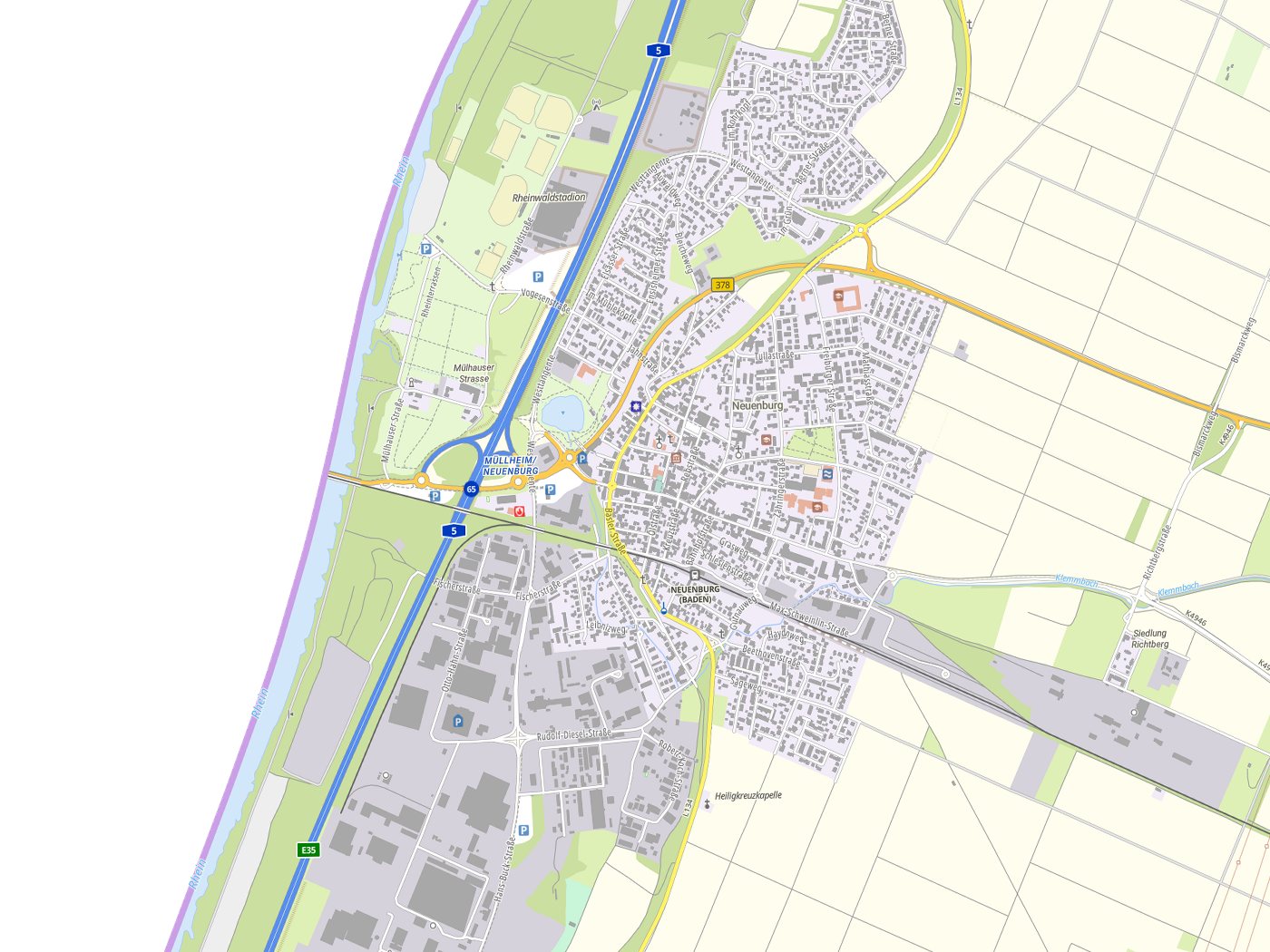 Kartenausschnitt Neuenburg am Rhein mit Gewässern