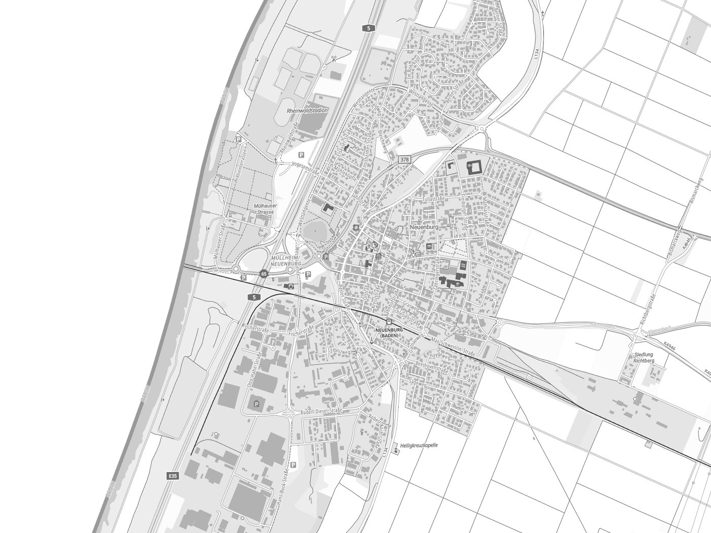 Kartenausschnitt Neuenburg am Rhein mit Gewässern