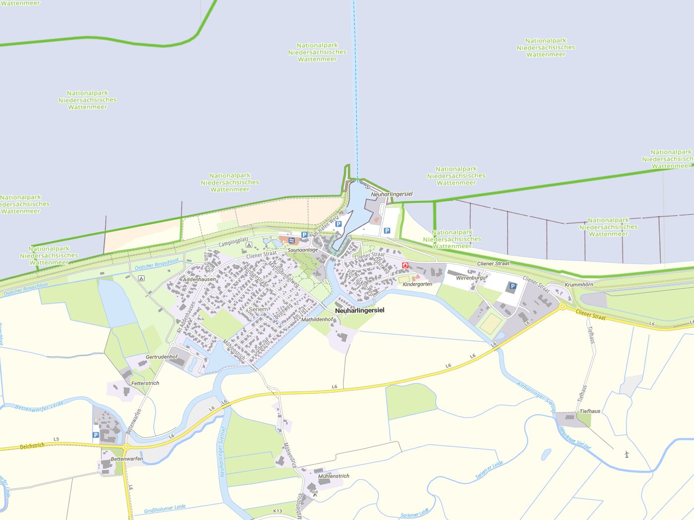 Kartenausschnitt Neuharlingersiel mit Gewässern