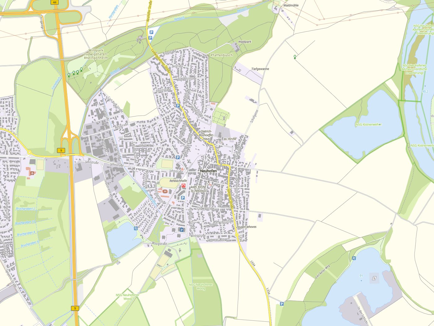 Kartenausschnitt Neuhofen mit Gewässern